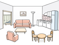 Eine Wohnung mit Möbeln. Zum Beipsiel: Küche, Sofa, Esstisch und Stühle. Ein Schlafzimmer mit Bett und Schrank.