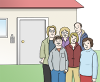 Sechs Personen stehen gemeinsam vor einem Haus. Dort wohnen sie zusammen.