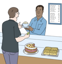 Ein Mann ist hinter der Theke vom Café. Er gibt dem Kunden eine Kaffee-Tasse. Die Tasse ist voll. Auf der Tasse ist Sahne. In der Theke ist eine Torte und anderes Gebäck.
