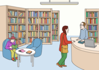 Ein Buchladen von Innen. Viele volle Bücher-Regale. Eine Person liest ein Buch. Ein Verkäufer unterhält sich mit einer Frau.